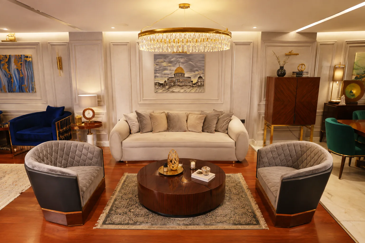 Formal living room with chandelier in the Mohandseen Apartment project in Mohandseen