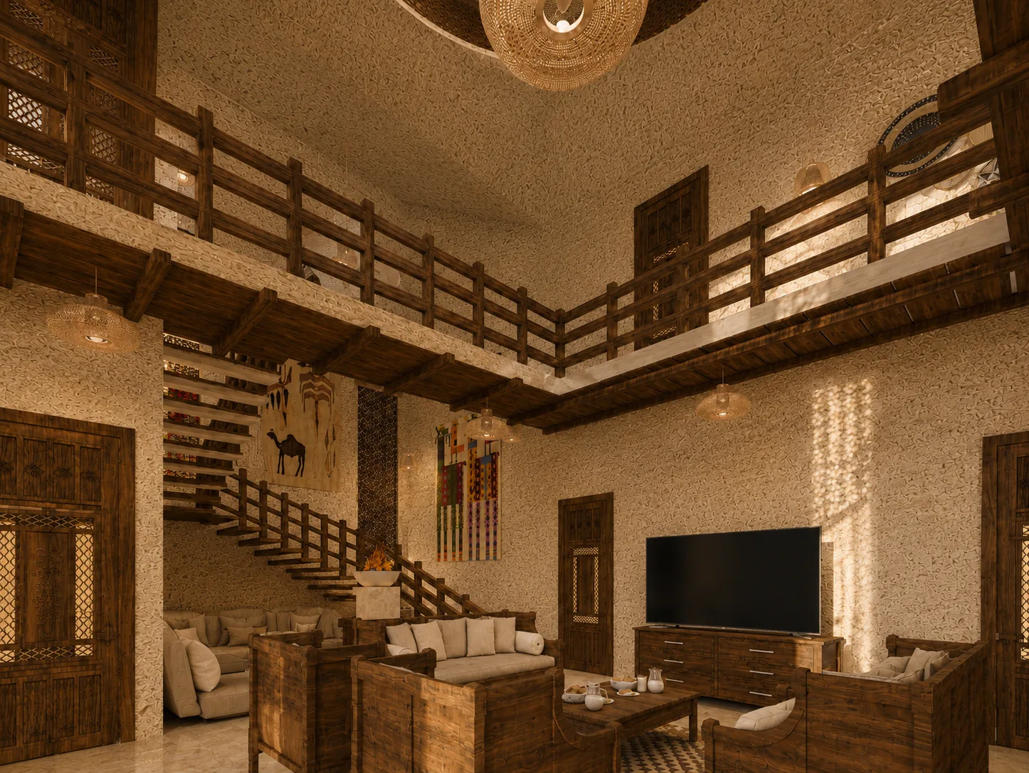 Rustic double-height living room in the Siwa Oasis project in Siwa Oasis
