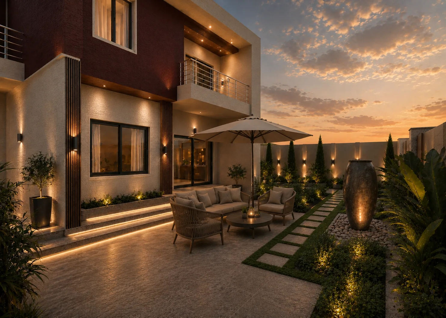 Landscaped villa garden at sunset in the Madinaty project in Madinaty