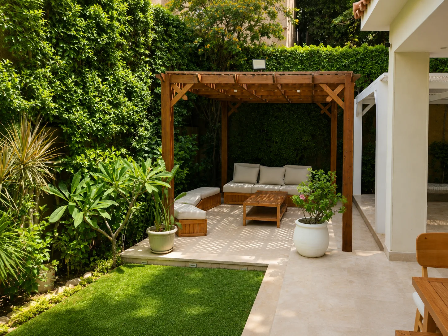Garden pergola and seating in the Maadi Villa project in Maadi