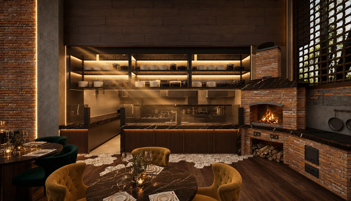 Dark wood restaurant dining room in the Italian Restaurant project in Nasr City