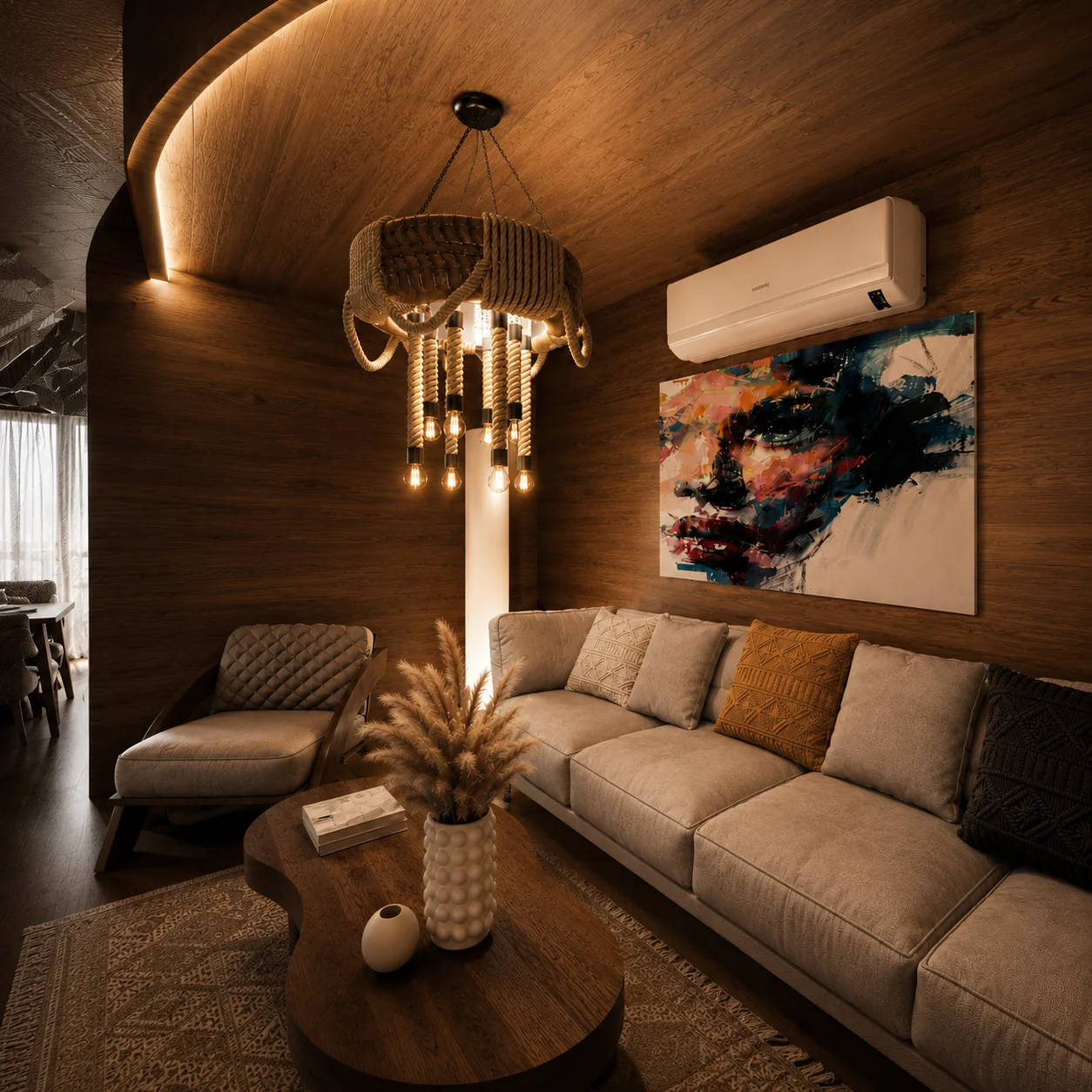 Wood-lined lounge with artwork in the Dome Resort project in Sahl Hashish