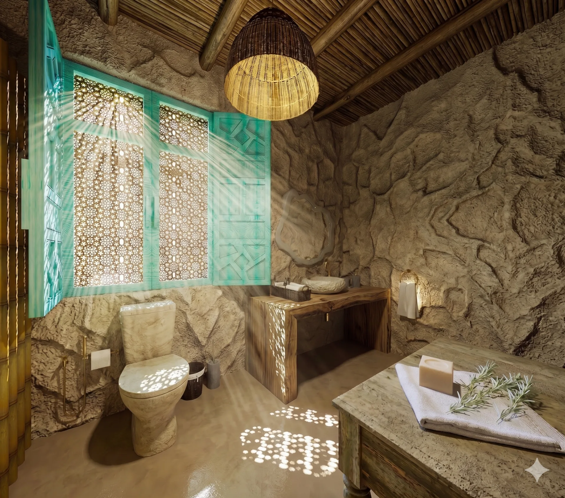 Rustic stone bathroom with turquoise shutters in the Siwa Oasis project in Siwa Oasis