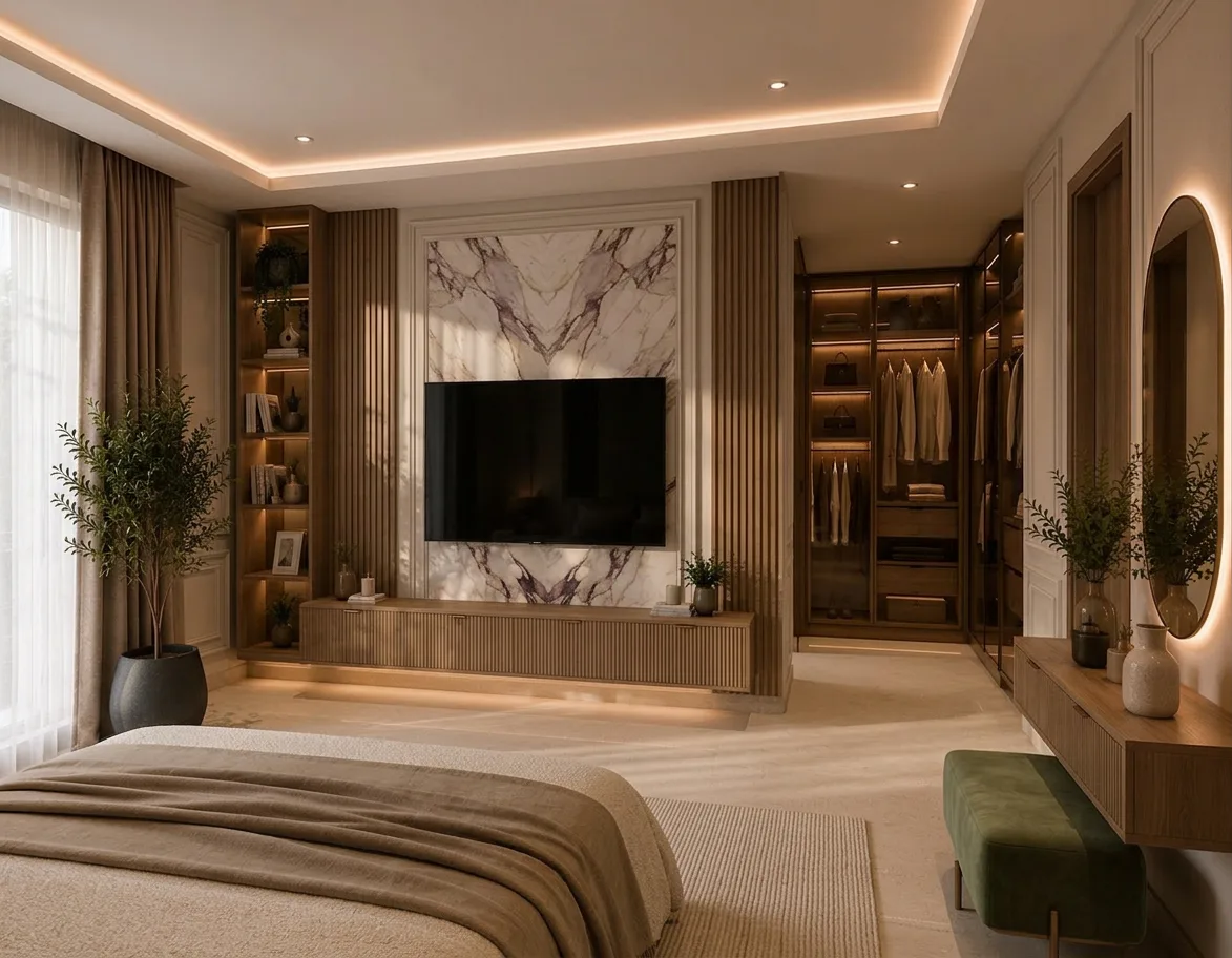 Bedroom media wall and dressing area in the Palm Hills VGK Compound project in 5th Settlement