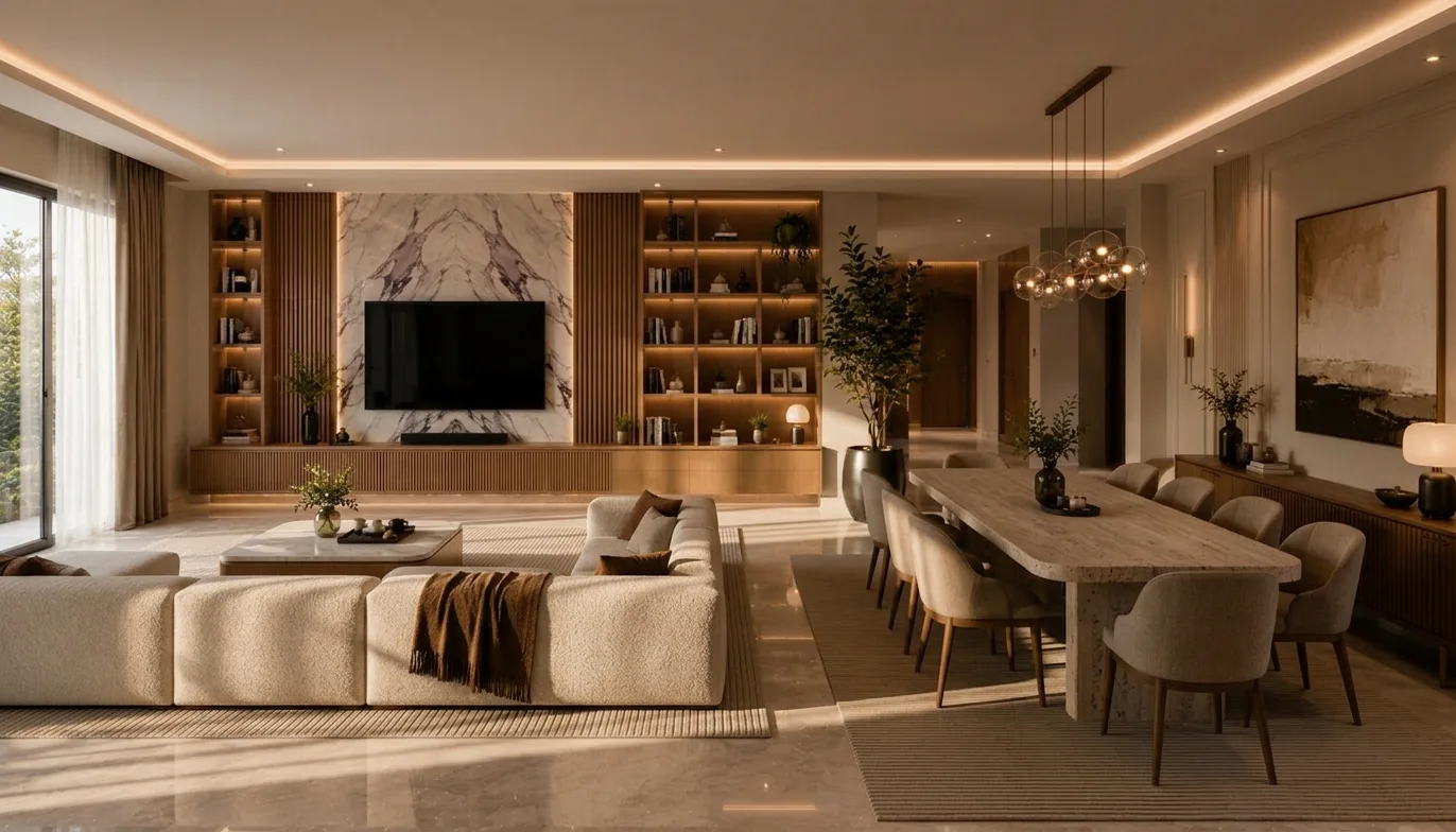 Open-plan living and dining room in the Palm Hills VGK Compound project in 5th Settlement