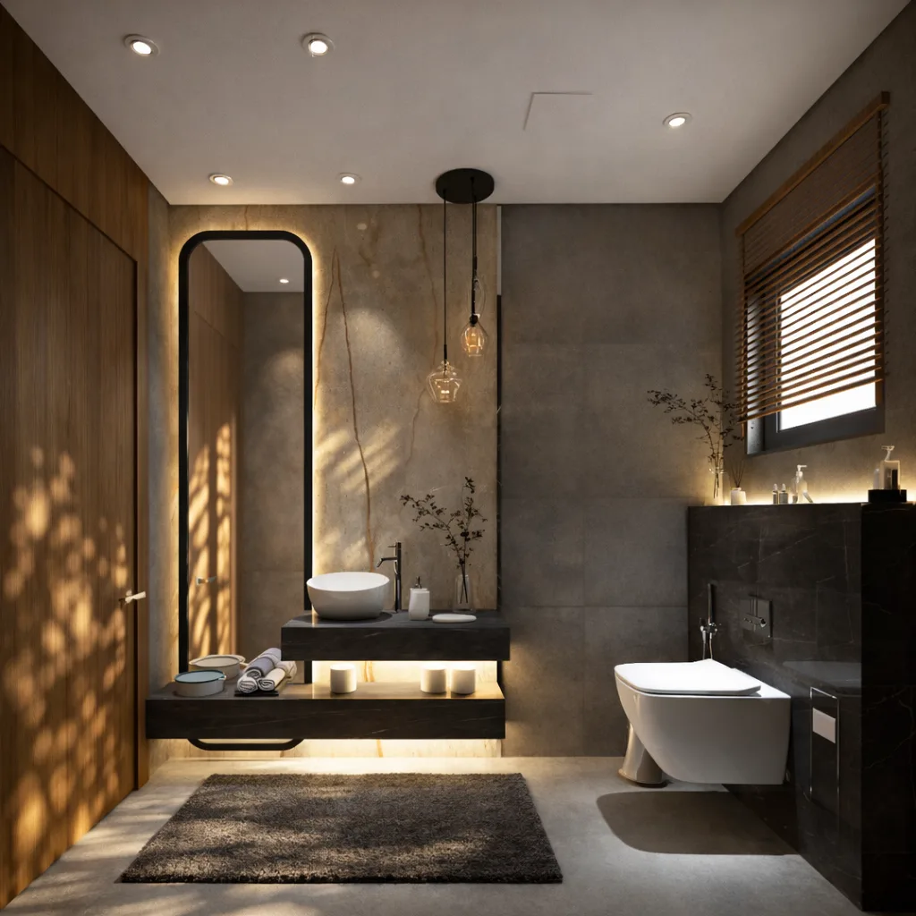Dark concrete guest bathroom in the Kanarya Compound project in 6 October
