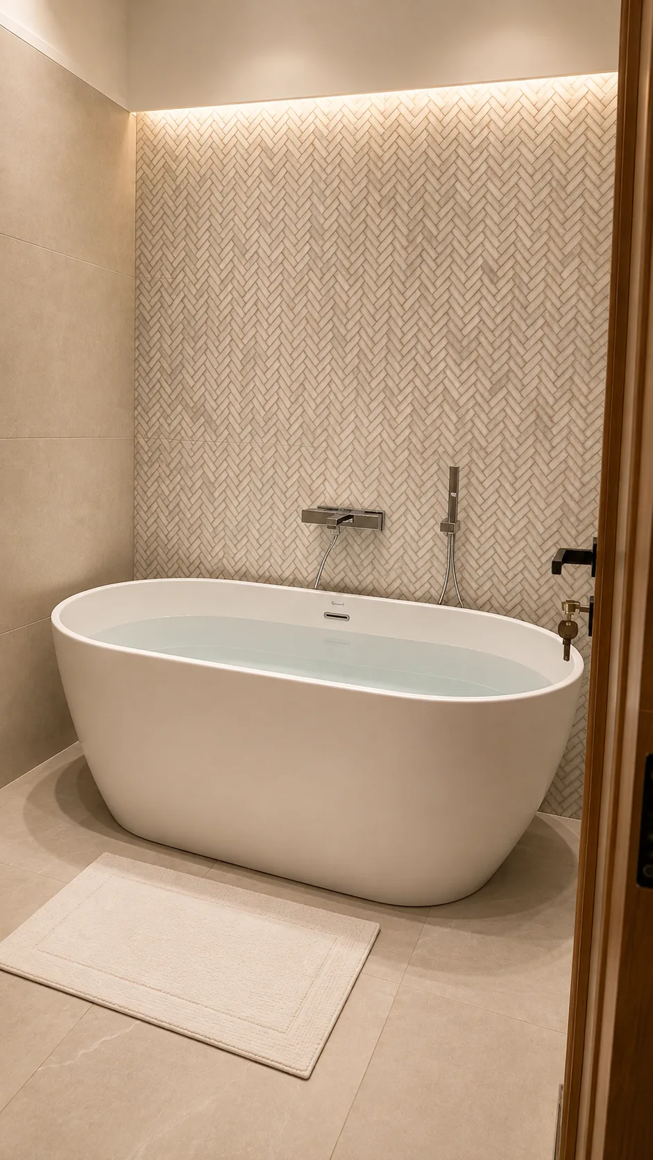 Freestanding bathtub and herringbone tile in the Maadi Villa project in Maadi