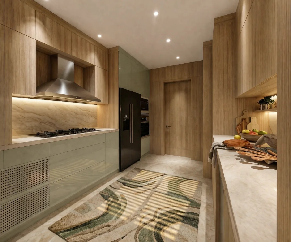 Warm wood kitchen in the Kanarya Compound project in 6 October