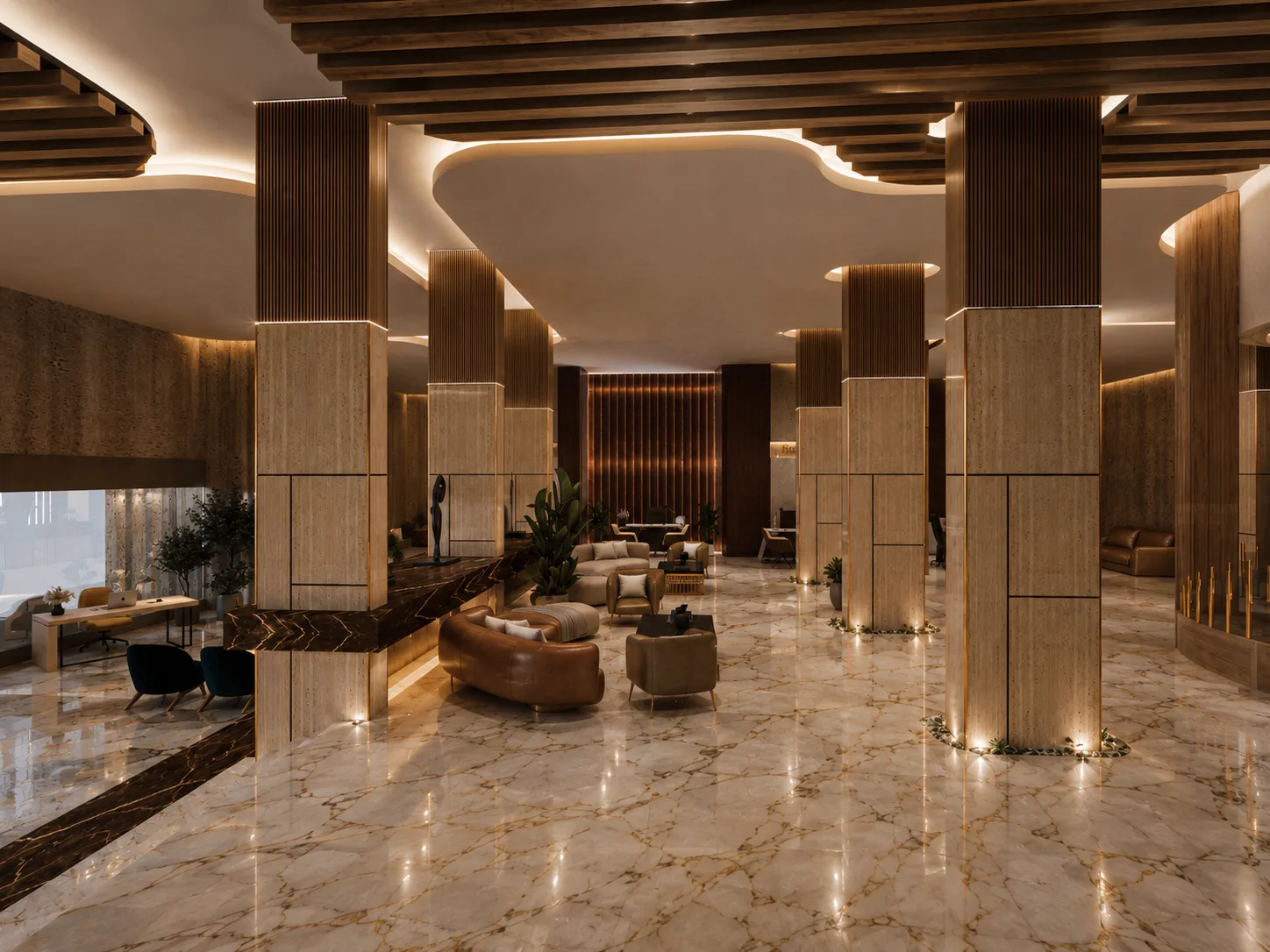 Grand hotel lobby with marble columns in the Hotel Reception project in Nasr City