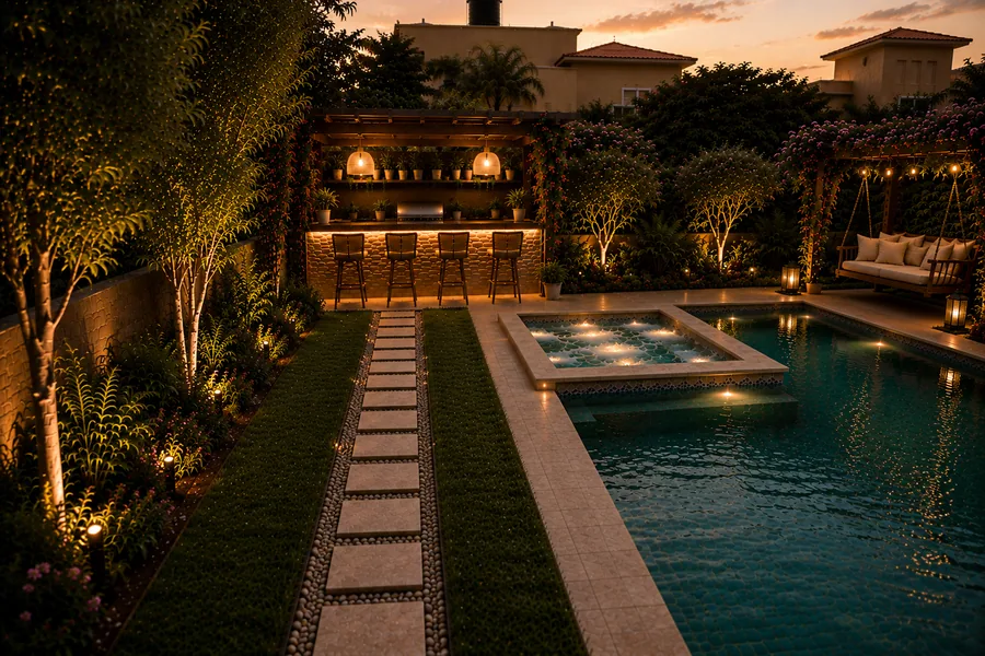 Illuminated swimming pool and garden in the Al Gazera Compound project in Elshekh Zayed
