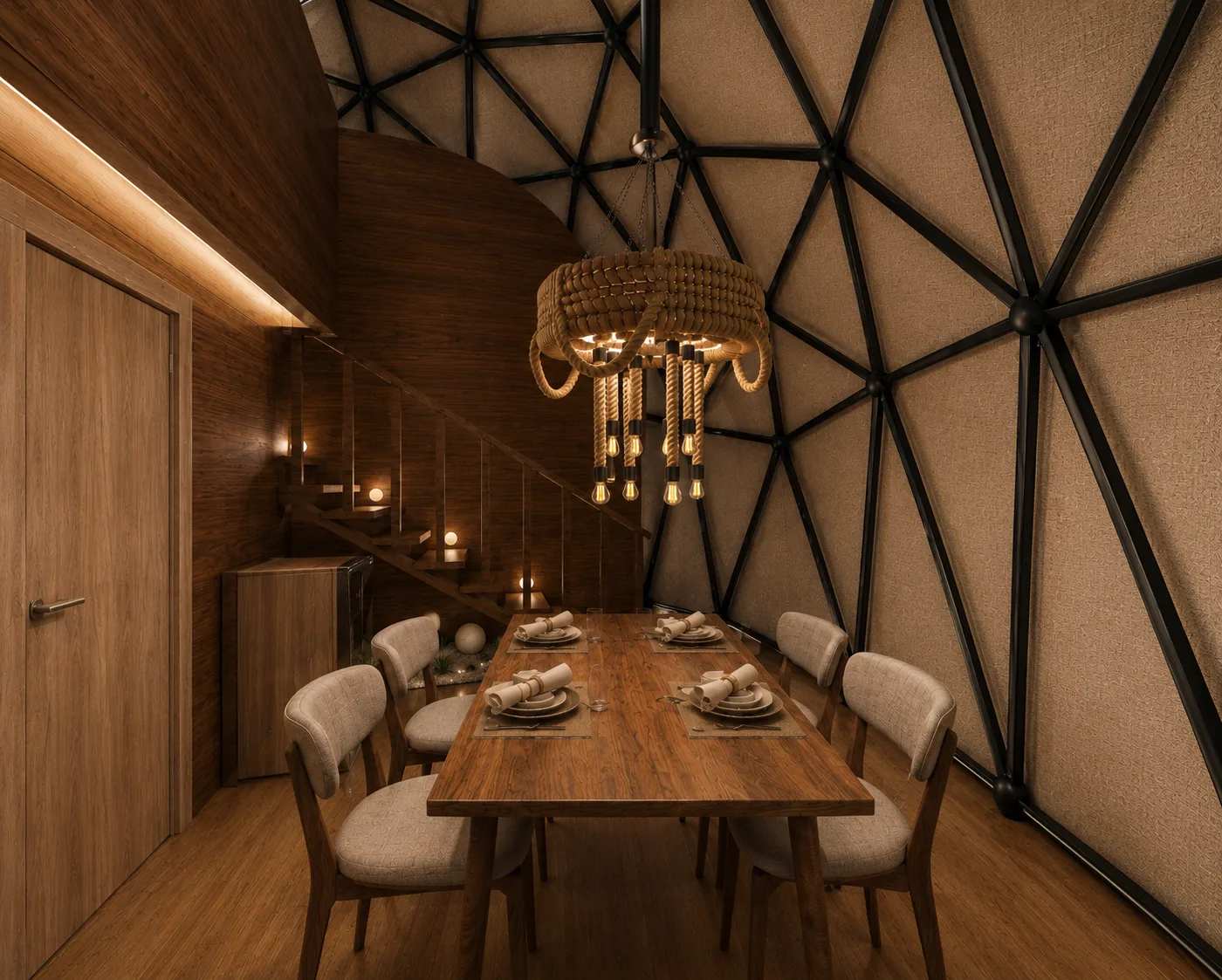 Intimate timber dining booth in the Dome Resort project in Sahl Hashish