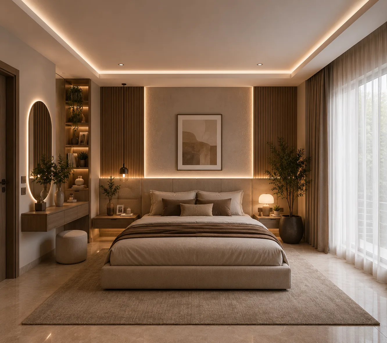 Warm bedroom with vanity in the Palm Hills VGK project in 5th Settlement