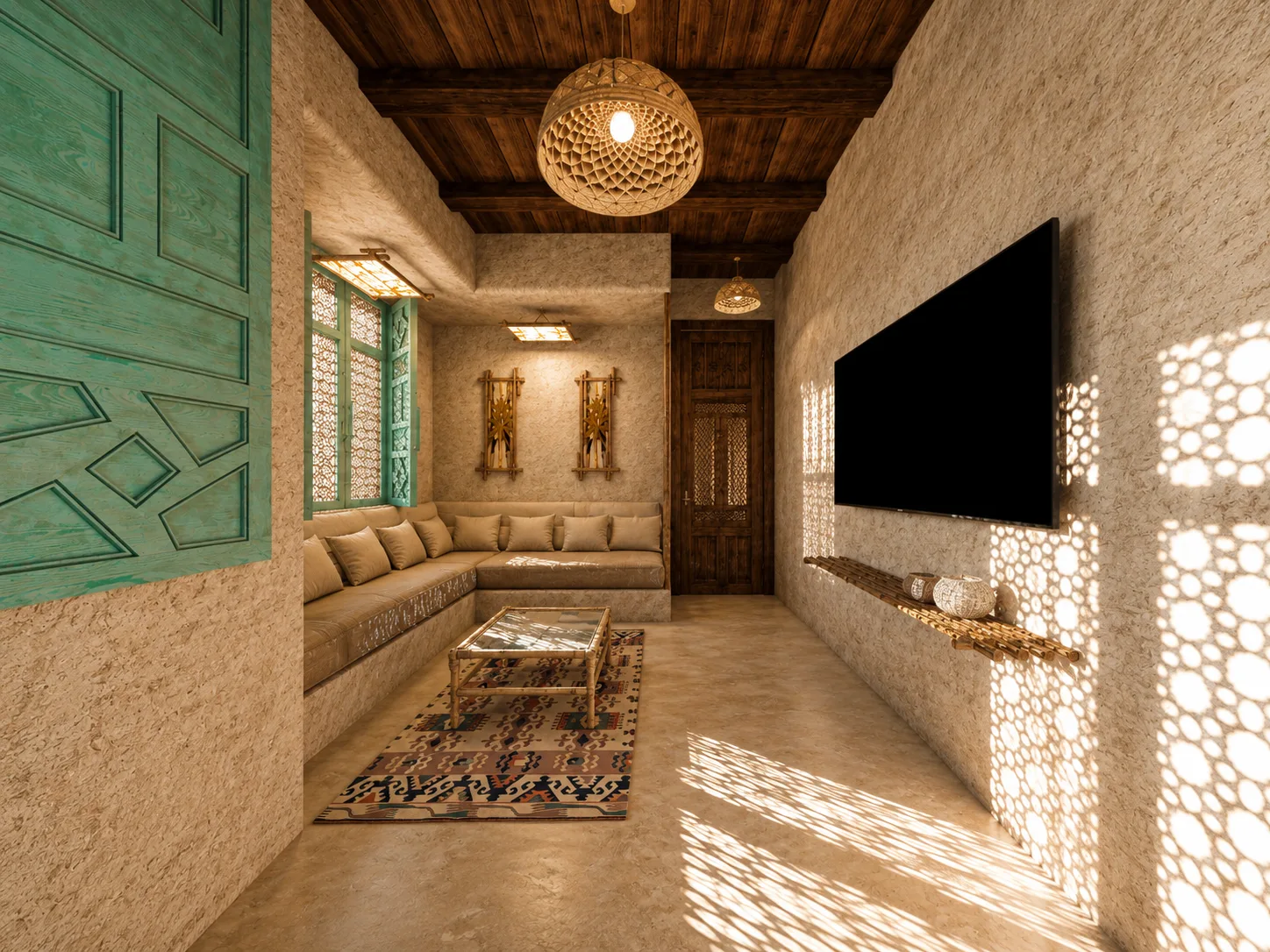 Rustic living room with turquoise shutters in the Siwa Oasis project in Siwa Oasis