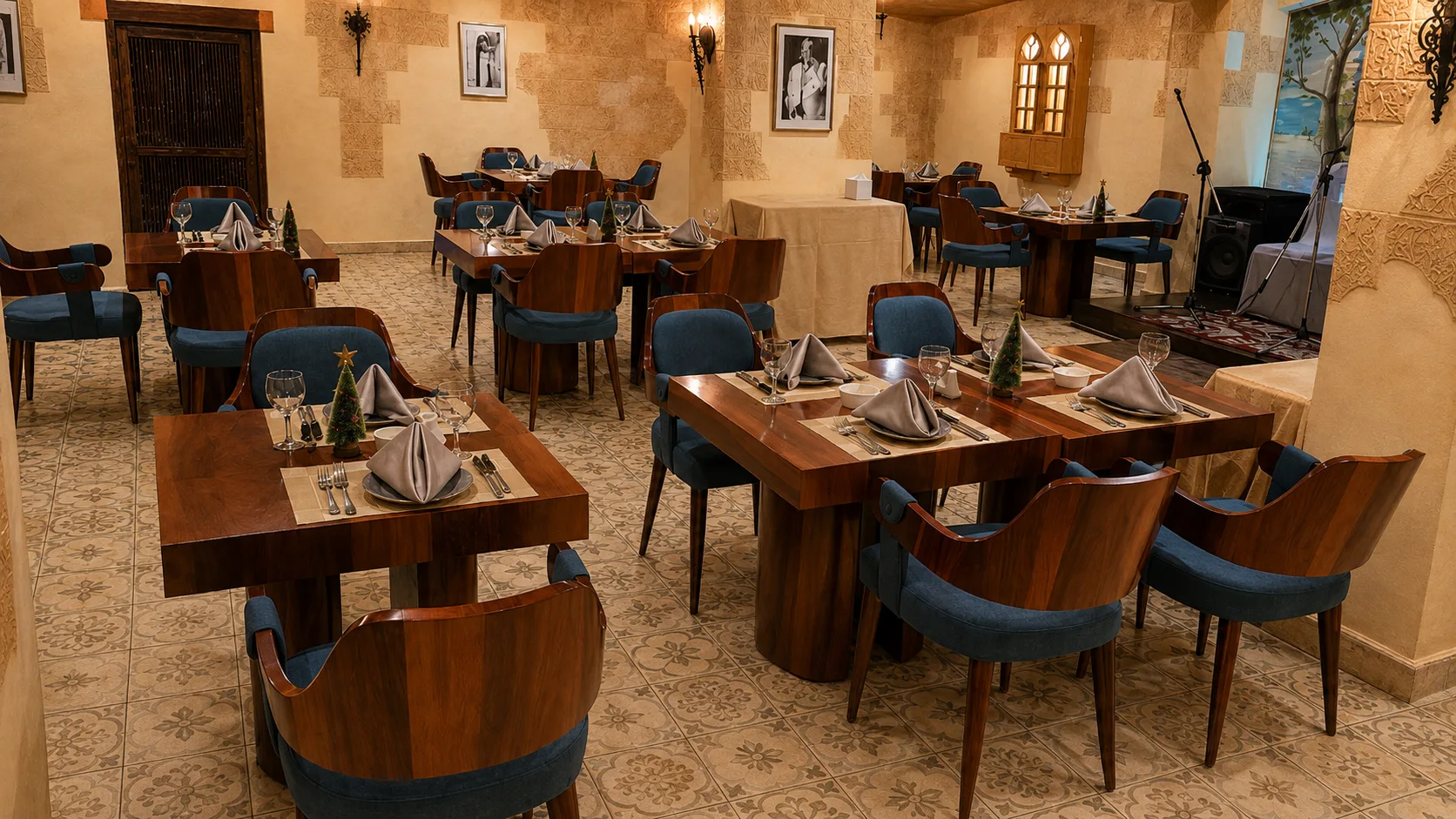 Restaurant dining room with stone walls in the Baalbak Restaurant project in Nasr City