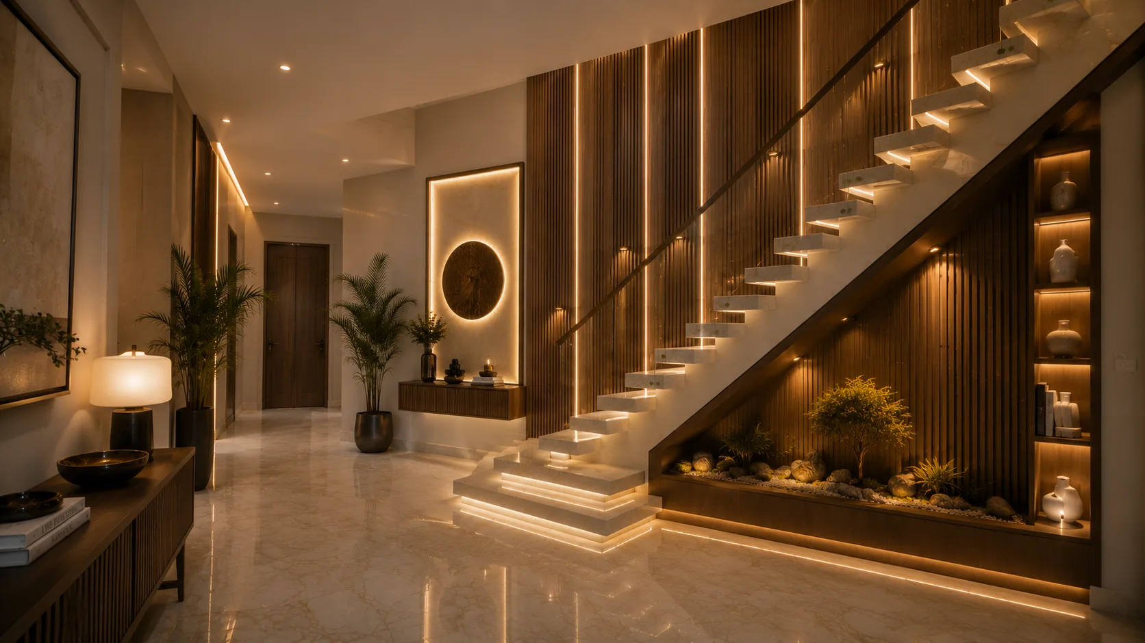Illuminated staircase and indoor planting in the Palm Hills VGK project in 5th Settlement