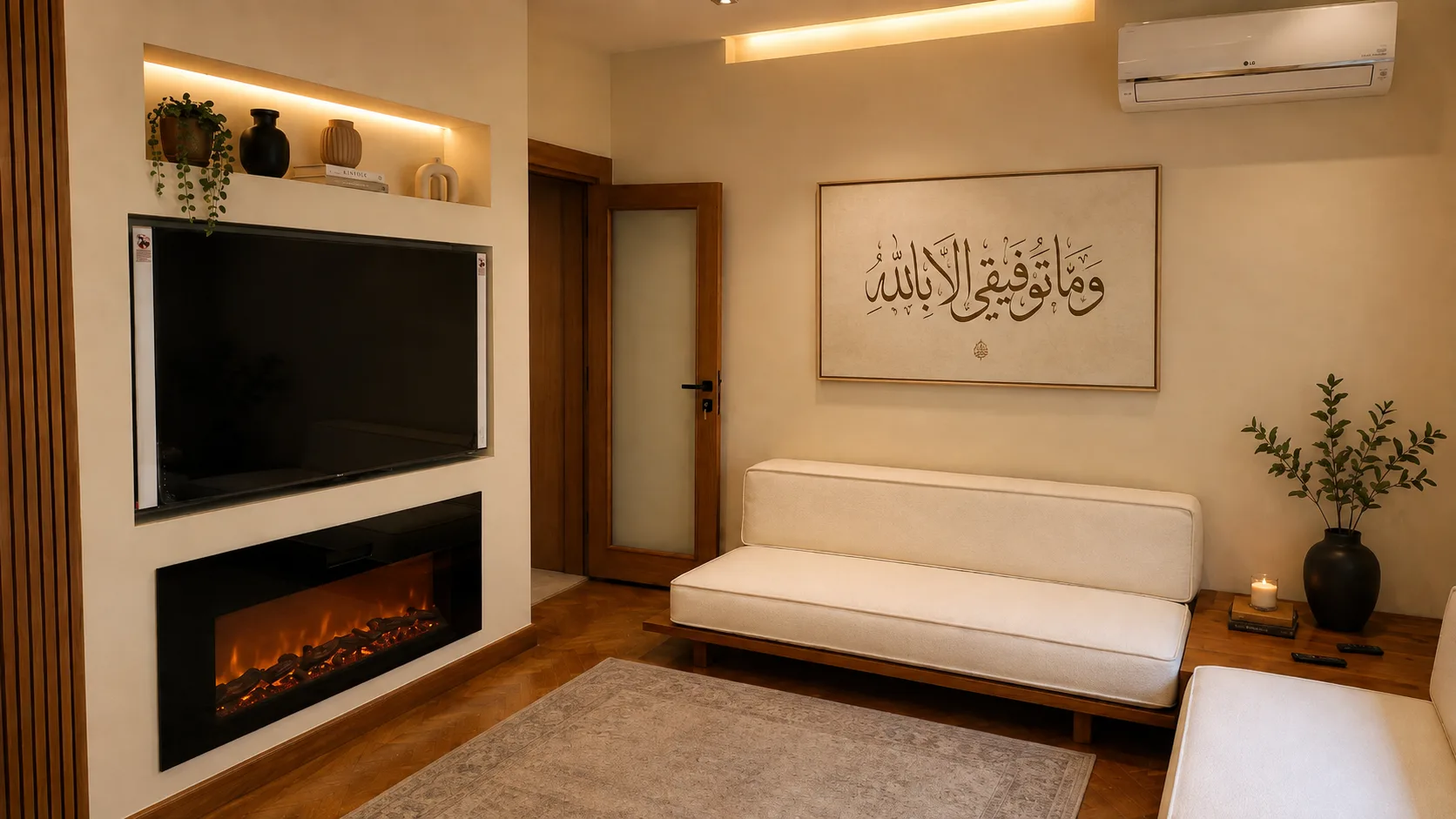 Living room fireplace and arabic calligraphy in the Maadi Villa project in Maadi
