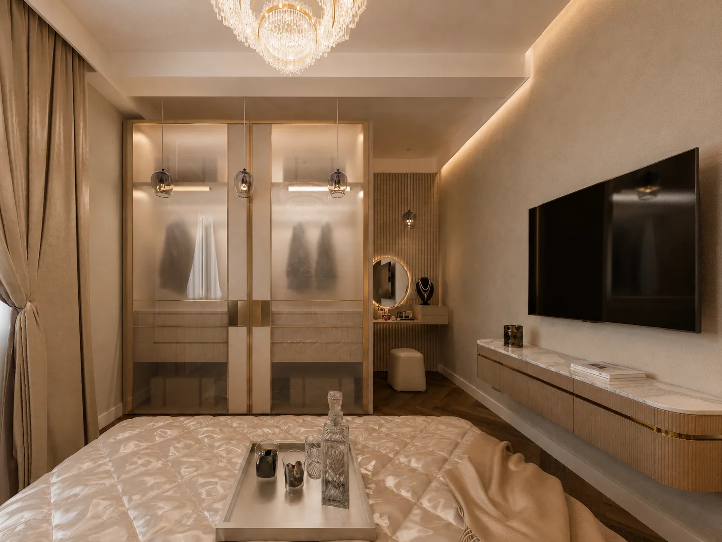 Bedroom wardrobes and media wall in the Rocks Residence Compound project in Katemeya