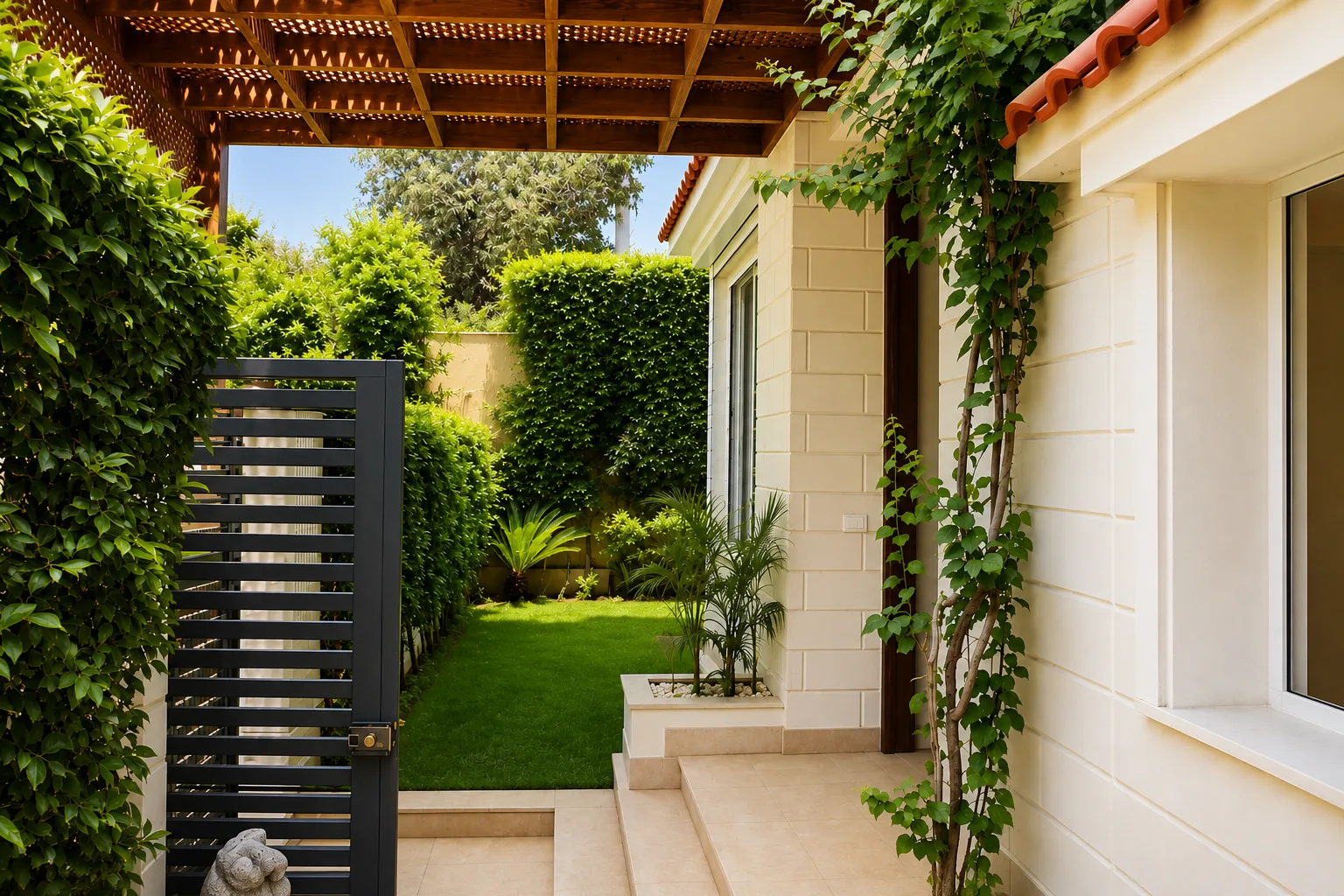 Landscaped courtyard and garden gate in the Maadi Villa project in Maadi