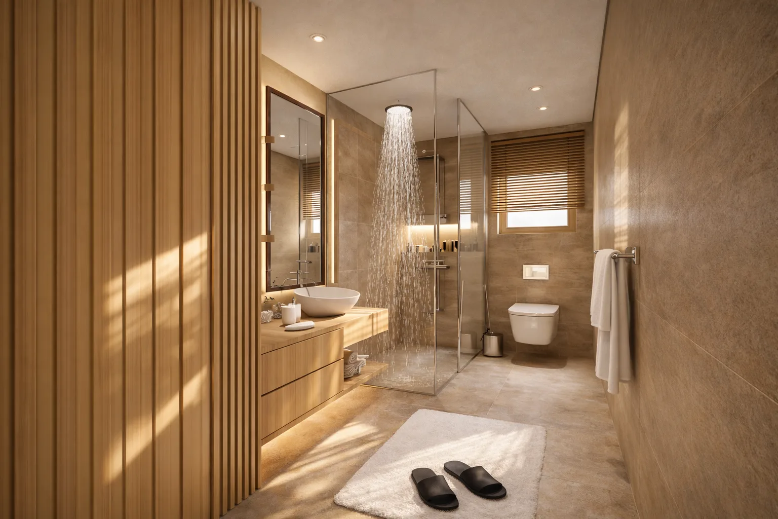Contemporary bedroom and bathroom in the Kanarya Compound project in 6 October
