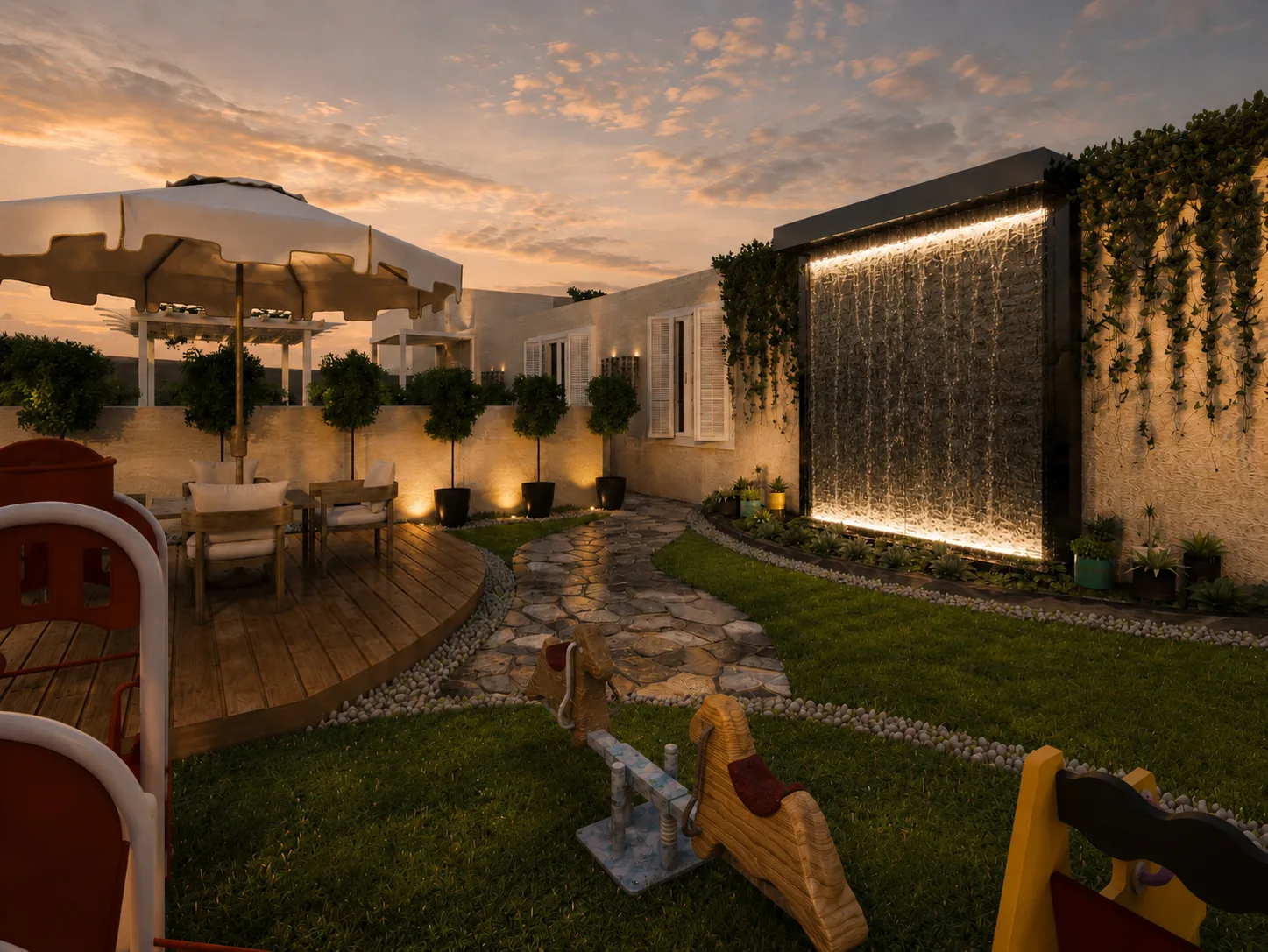 Landscaped garden with water wall in the Rocks Residence Compound project in Katemeya