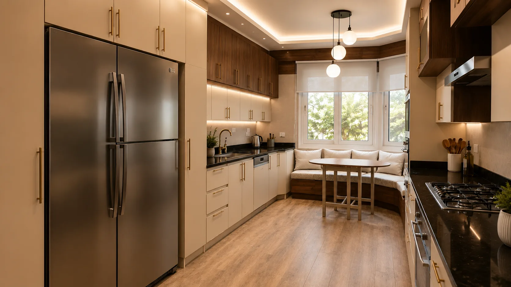 Wood kitchen with stainless appliances in the Oraby Villa project in Oraby - Elobour
