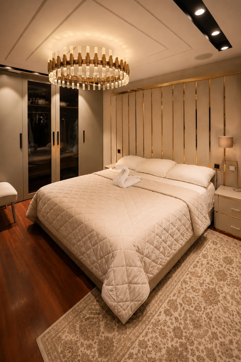 White bedroom with timber headboard in the Mohandseen Apartment project in Mohandseen