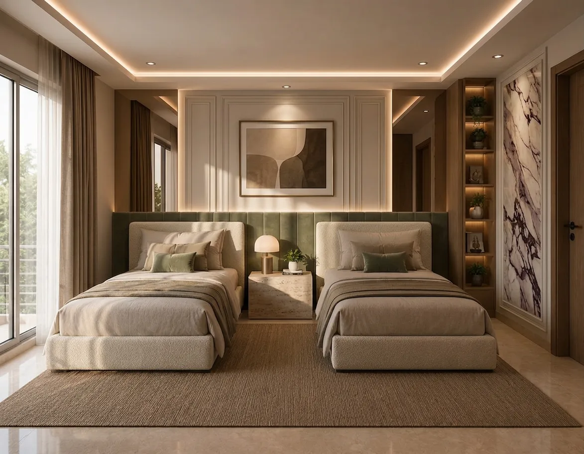 Twin bedroom with garden view in the Palm Hills VGK Compound project in 5th Settlement