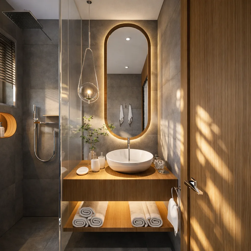 Compact bathroom with timber vanity in the Kanarya Compound project in 6 October
