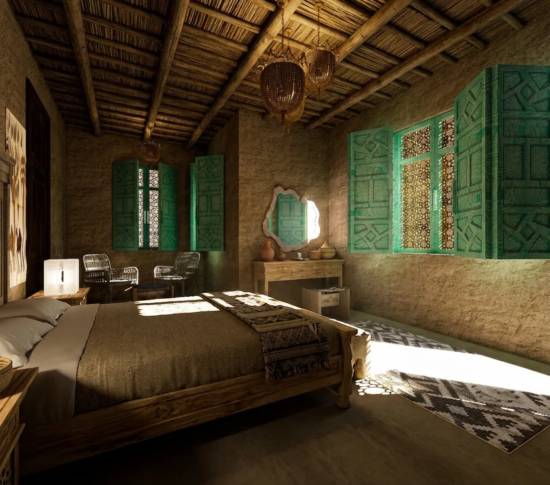 Rustic bedroom with turquoise shutters in the Siwa Oasis project in Siwa Oasis