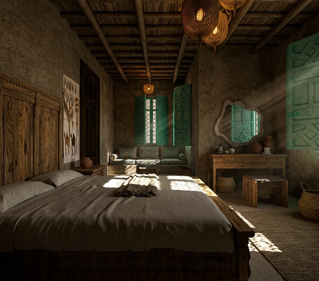 Rustic bedroom with carved timber furniture in the Siwa Oasis project in Siwa Oasis