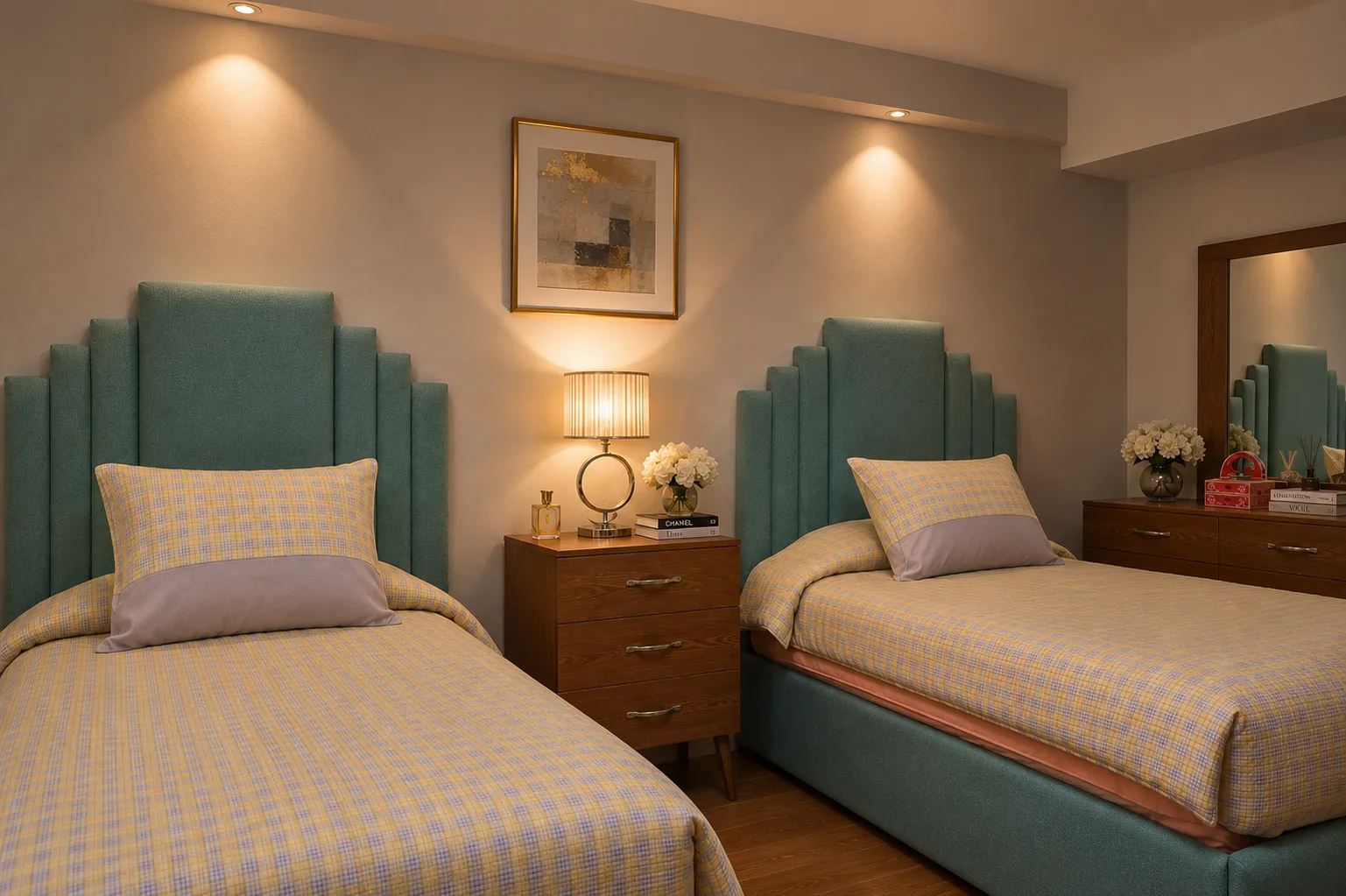 Twin bedroom with teal headboards in the Mivida Compound project in 5th Settlement