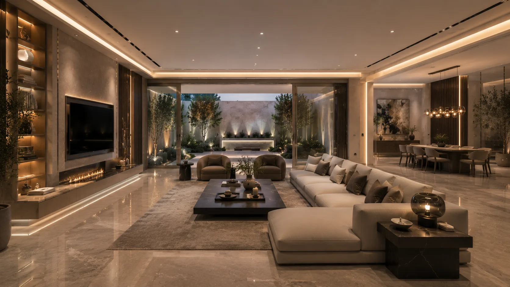 Open-plan living room overlooking garden in the Pyramid Hills Compound project in 6 October