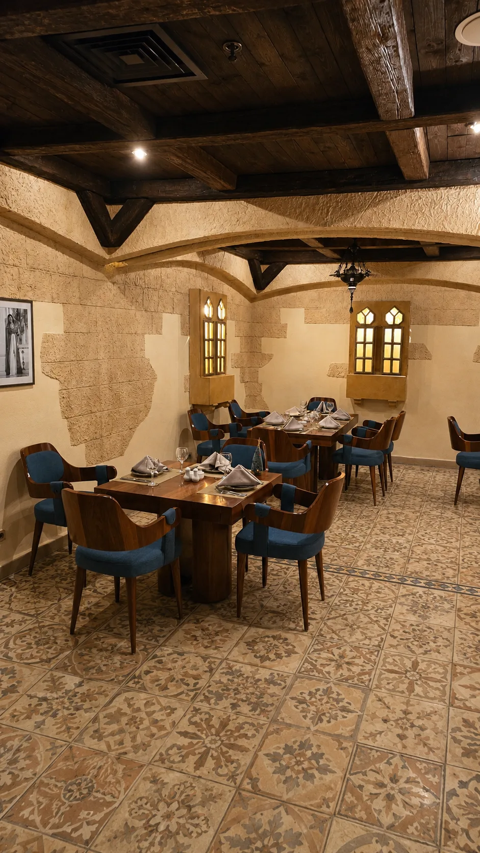 Stone-walled restaurant dining room in the Baalbak Restaurant project in Nasr City