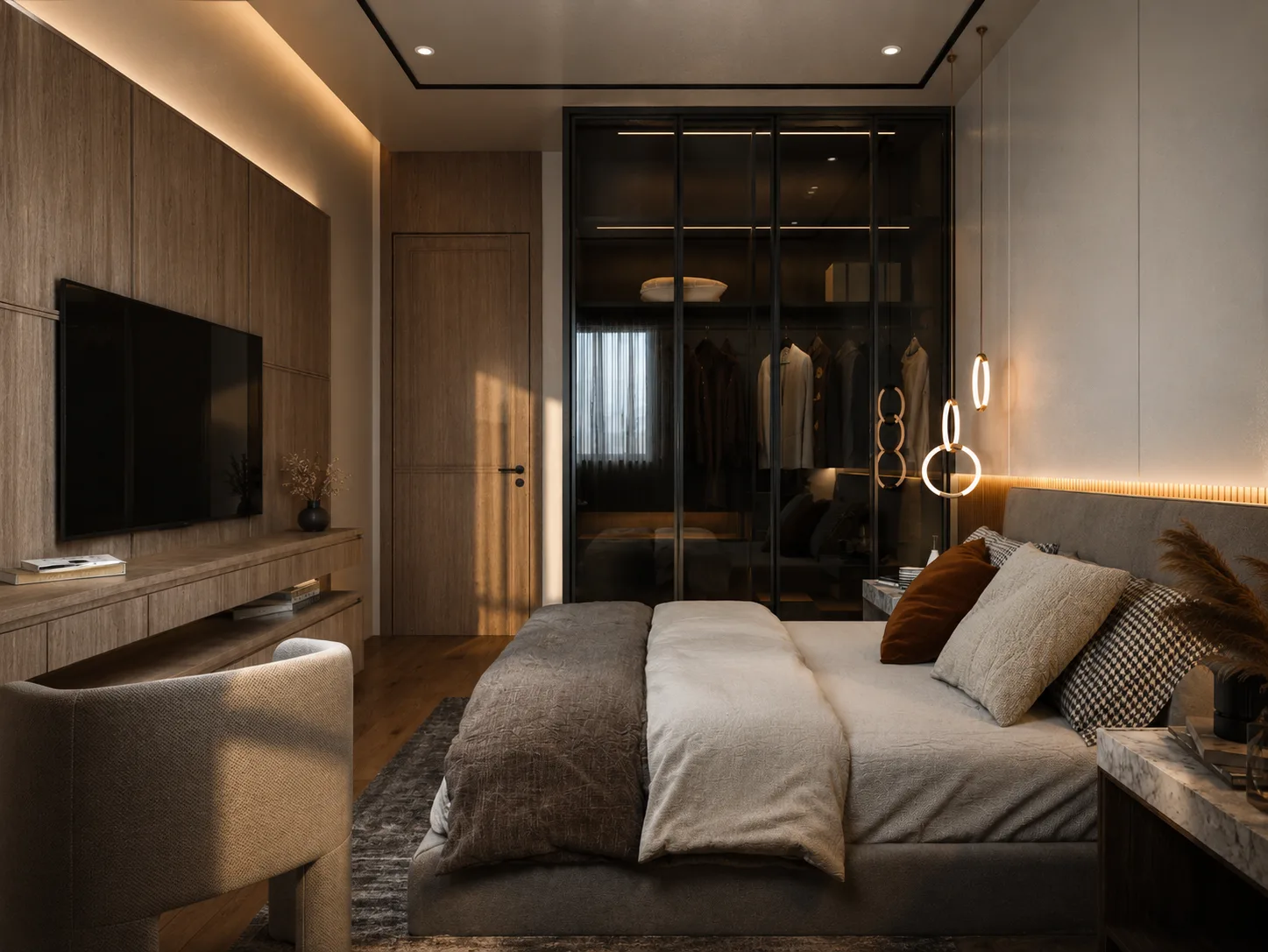 Bedroom with integrated wardrobe and media wall in the Madinaty project in Madinaty