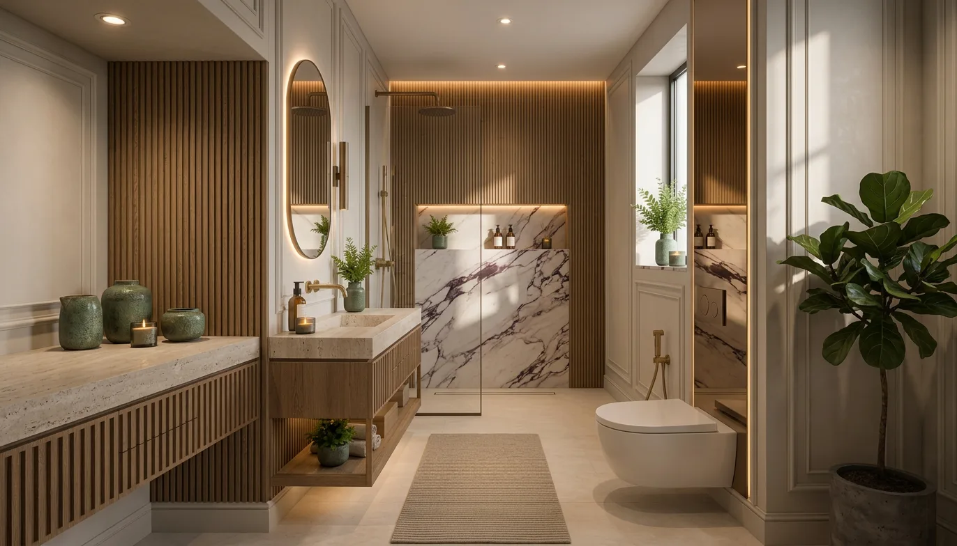 Contemporary bathroom with marble vanity in the Palm Hills VGK Compound project in 5th Settlement