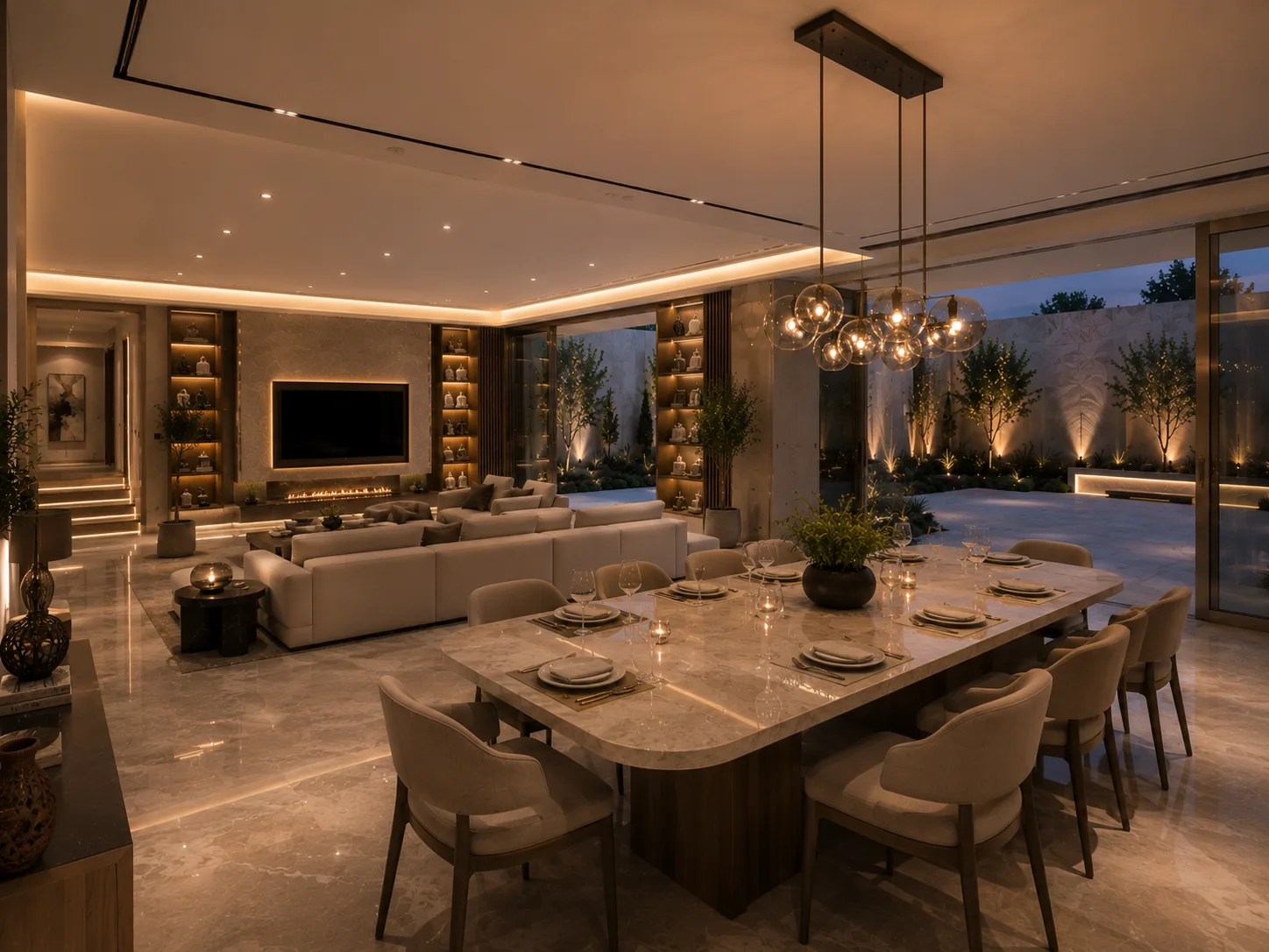 Open living and dining space at night in the Pyramid Hills Compound project in 6 October