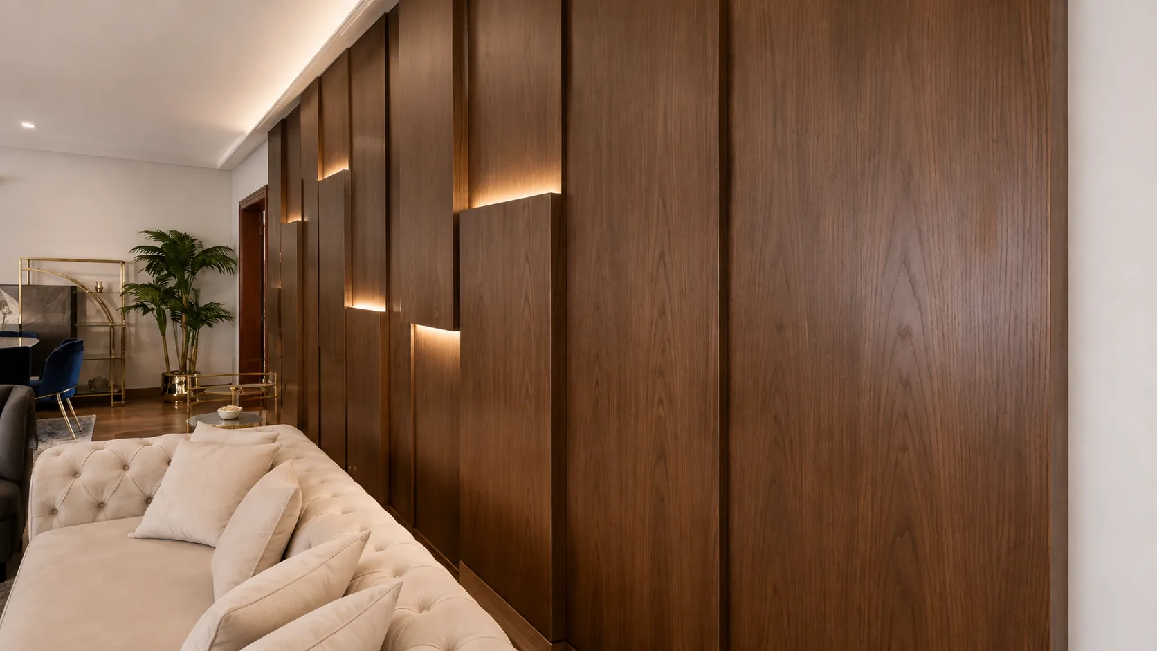 Timber-panelled bedroom wardrobe in the Oraby Villa project in Oraby - Elobour