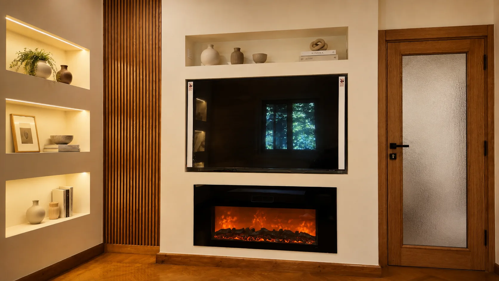 Living room media wall and fireplace in the Maadi Villa project in Maadi