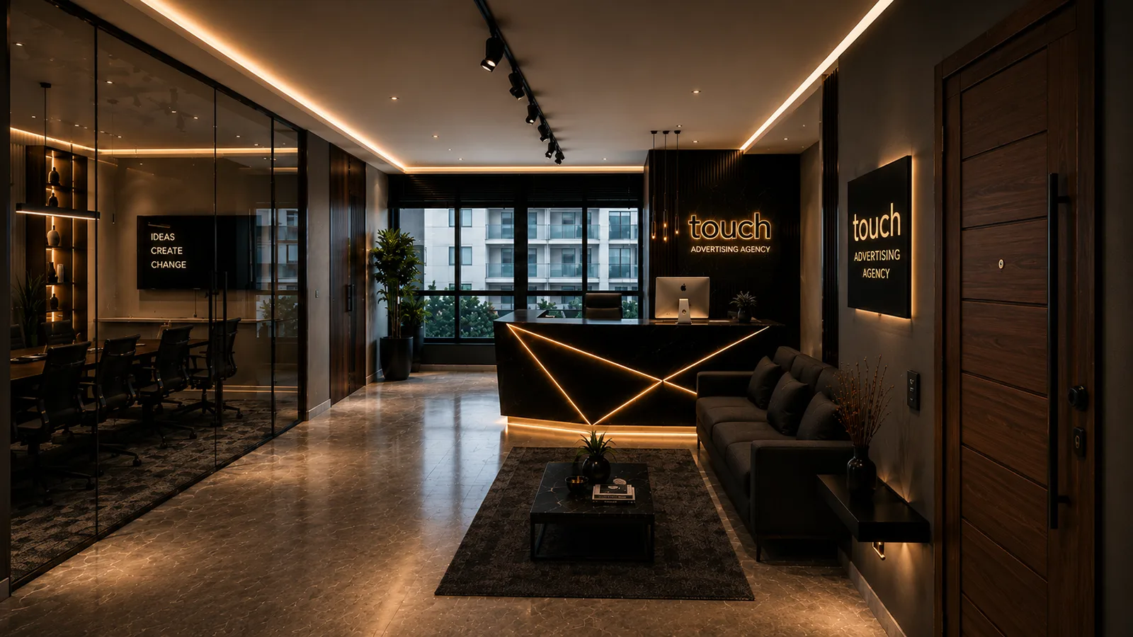 Dark corporate reception and waiting area in the Advertise Company project in Heliopolis