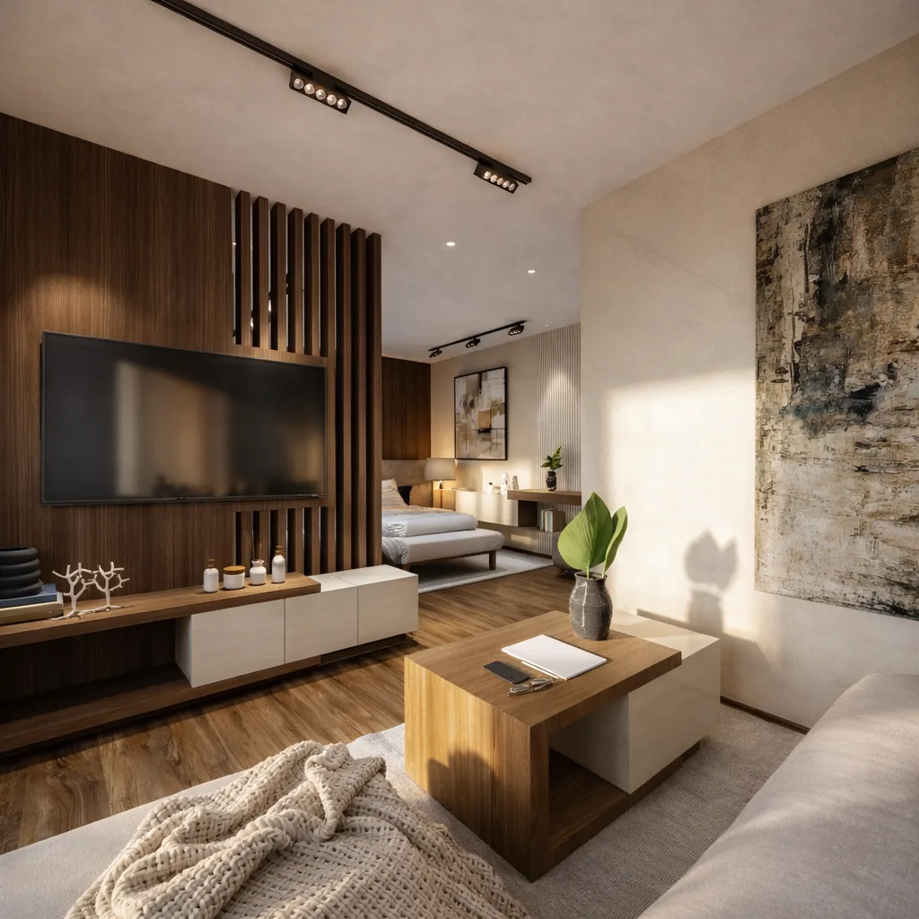 Living room with timber media wall in the Kanarya Compound project in 6 October