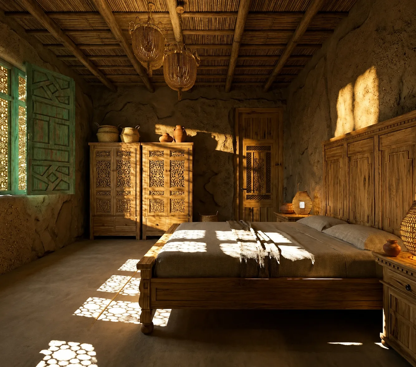 Rustic siwa bedroom with carved cabinet in the Siwa Oasis project in Siwa Oasis