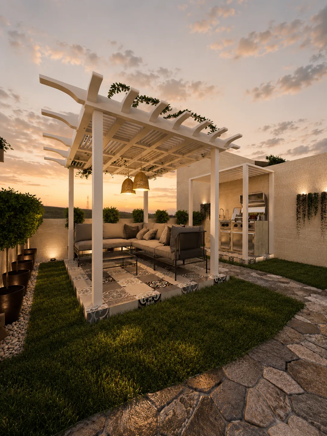 Garden pergola at sunset in the Rocks Residence Compound project in Katemeya