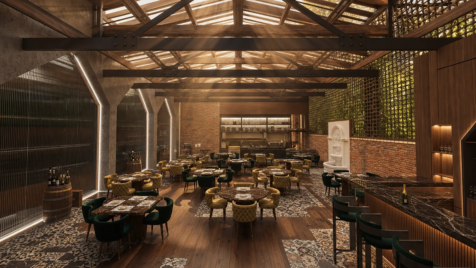 Restaurant dining hall under timber pergola in the Italian Restaurant project in Nasr City