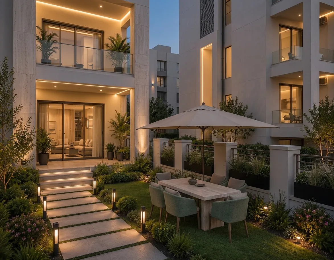 Villa exterior and outdoor dining terrace in the Palm Hills VGK Compound project in 5th Settlement