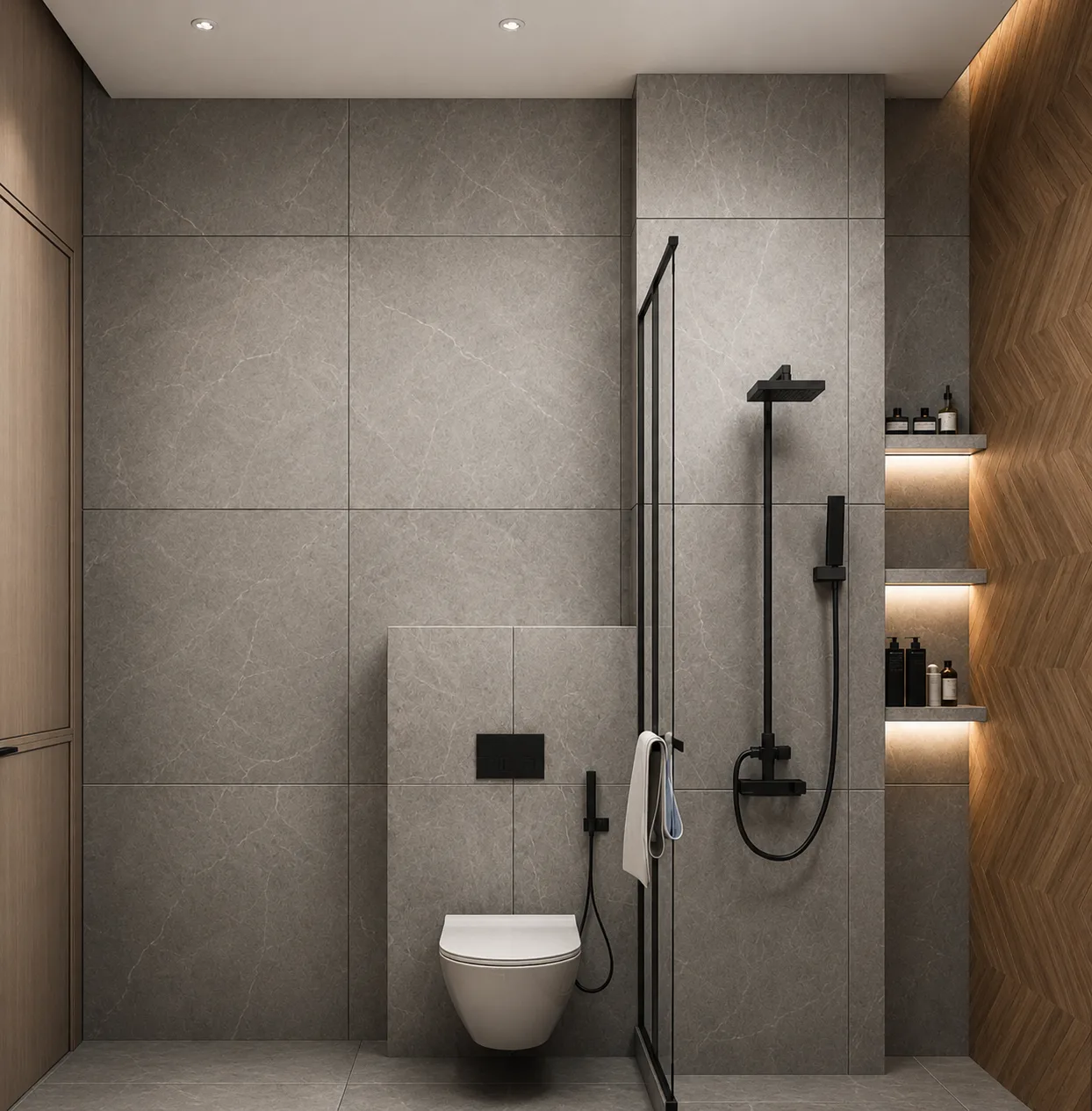 Walk-in shower with black fittings in the Madinaty project in Madinaty