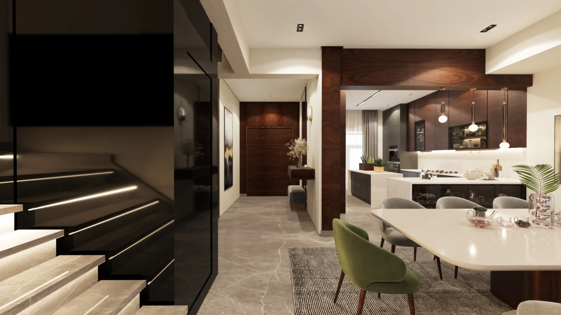 Open-plan kitchen and staircase in the La Vista Compound project in New Administrative Capital