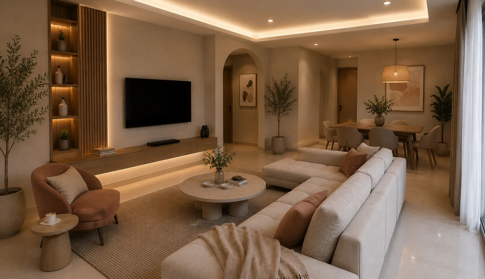 Living room with media wall in the Palm Hills VGK project in 5th Settlement