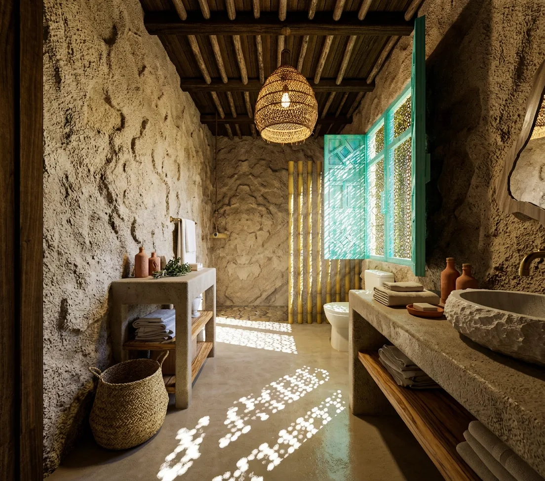 Rustic stone bathroom in the Siwa Oasis project in Siwa Oasis
