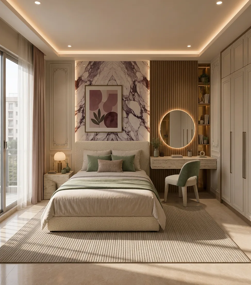 Soft green bedroom in the Palm Hills VGK Compound project in 5th Settlement