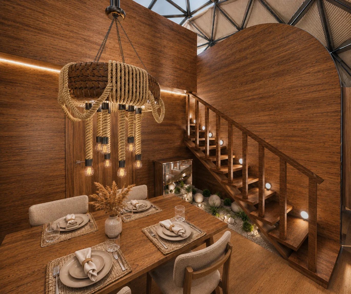 Timber dining area beside staircase in the Dome Resort project in Sahl Hashish